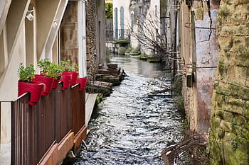 folyó víz, csatorna, vízi, vízparton, torkolat, átjáró, átkelés, folyam, L'Isle-sur-la-sorgue, Franciaország, Provence, Vaucluse