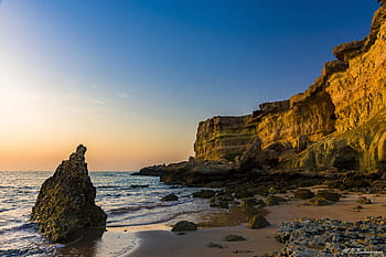 zeegezicht, blauwe lucht, rots, zee, oceaan, landschap, reizen, vakantie, zonsopkomst, hemel, klif