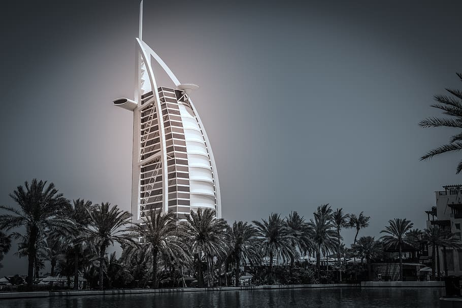 Dubaj, burj al arab, Spojené arabské emiráty, budova, architektura, hotel, moře, jumeirah, centrum, plachtu, horizont