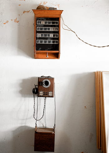 antický, telefon, zeď, telegrafovat, technologie, sdělení, starý, rustikální, vinobraní, sluchátka
