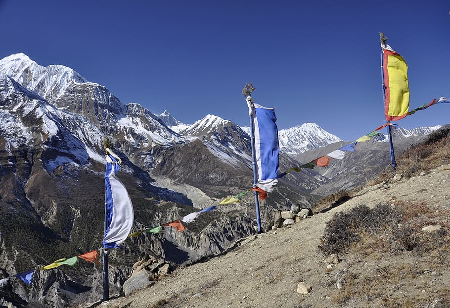 Nepál, modlitební praporky, tre, buddhismus, buddhista, hora, treking, himalaya, v Himalájích