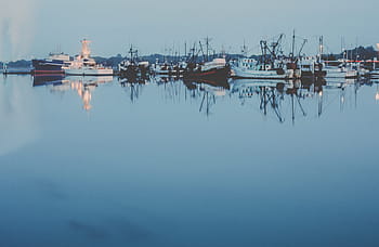 boats, tied, harbor, dock, docking, fishing boat, landscape, reflection, retro, blue sky, blue water