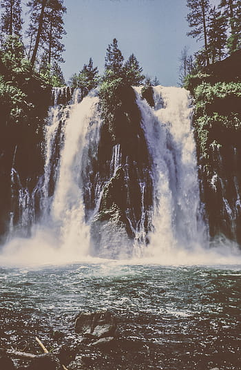 nízký, úhel pohledu, vodopád, kaskádové, Krásná, podzim, tekoucí, zelená, jezero, park, Skála