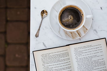 taza, café, abierto, libro, blanco, nadie, mesa, relajante, tiempo, libro abierto, mármol