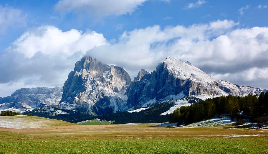 hory, Jižní Tyrolsko, seiser alm, sassolungo, plattkofel, hochalm, vysokohorský, dolomity, Itálie, krajina, alm