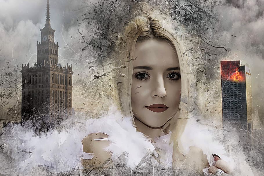 fantazie, portrét, žena, ženský, mladý, krása, Modelka, peří, kouř, budova, oheň