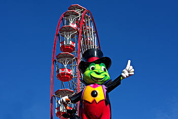 jiminy cricket, ferris wheel, big wheel, fairground, fair, blue sky, disney, jimmy cricket, giant wheel, pinocchio, nottingham