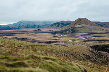 Wanderer, moosbewachsen, vulkanisch, Hügel, wolkig, Tag, Abenteuer, Abenteurer, Formation, Landschaft, Berg
