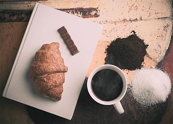 croissant, caffè, cioccolato, zucchero, tazza, boccale, libro, prima colazione, cibo, spuntino