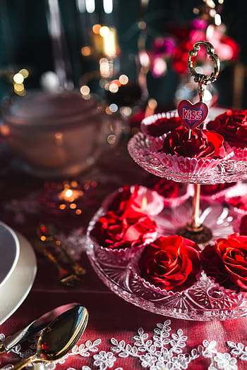 decoraciones de mesa, y, flores, san valentín, mesa, amor, romántico, juntos, romance, vajilla, comida