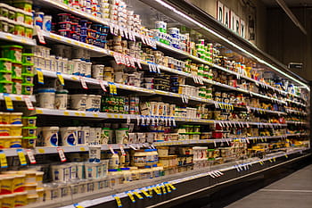 supermarket, shelf, blur, yogurt, milk, shopping, retail, grocery, food, shop, market