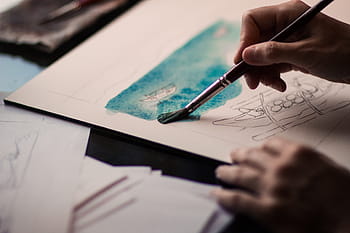 hand, paint, brush, painting, art, drawing, board, desk