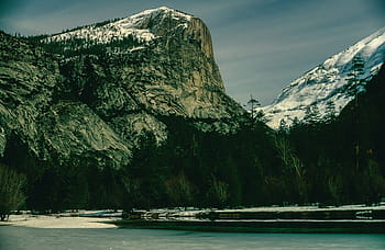 půl kopule skály, zrcadlové jezero, yosemitu, národní, park, Amerika, Kalifornie, kupole, ledovec, zelená, jezero