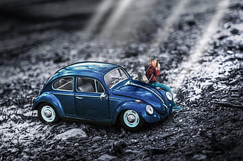 miniature, car, toy, vehicle, photography, remix, outdoor, mixing, blue, vw, automobile