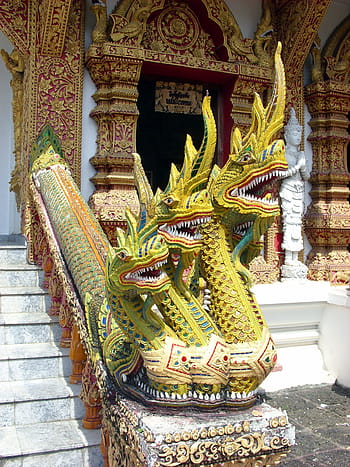 three-headed naga temple protector, wat bupparam buddhist temple, chiang, mai, north, thailand, naga, buddhist, temple, wat, buddhism
