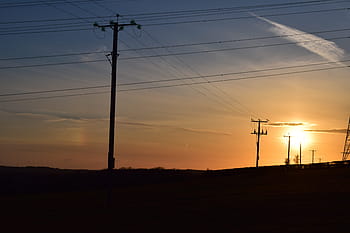 sunset, powerlines, wales, silhouette