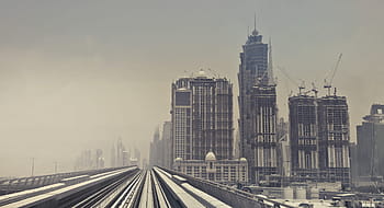 sand tåge, opslugte, skyskrabere, metro tog spor, Dubai, tåge, linje, jernbane, sand, smog, hastighed