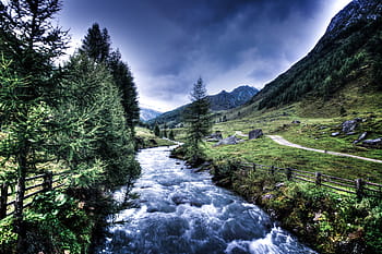 hdr, hdr photography, landscape, nature, river, mountains, water, trees, grass, clouds, sky
