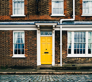 yellow, entrance door, brick home, white, windows, architecture, british, detail, doorway, entrance, facade