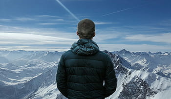 illustrazione della foto, uomo, in piedi, superiore, montagna, nevoso, vette., escursioni a piedi, sport, raggiungere, tranquillo, calmo