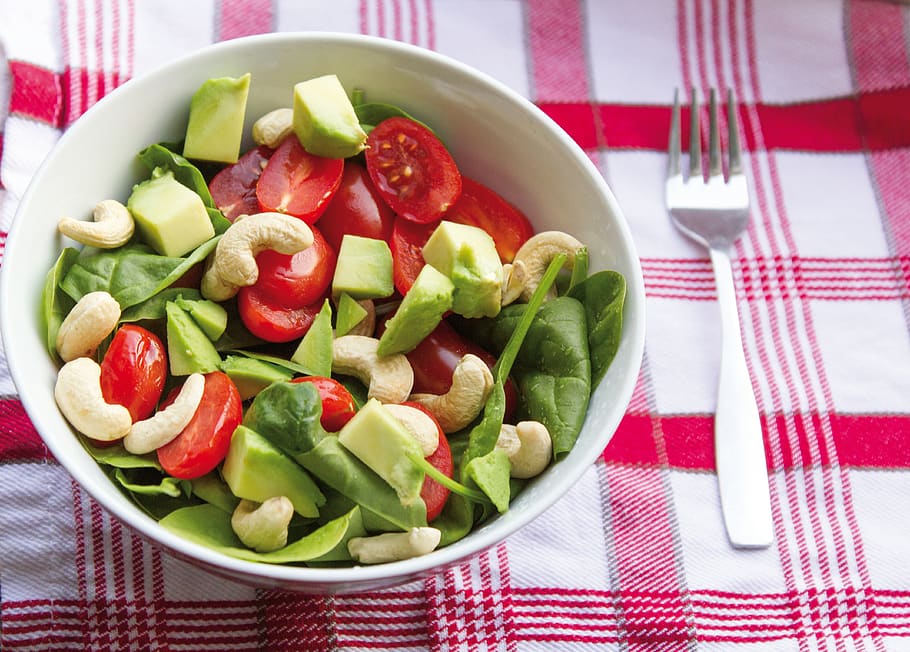 salad, bayam, jambu mete, makanan, sehat, bugar, sayuran, vegan, hijau, makan, bio