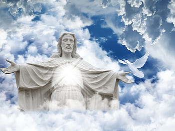 religion, christ, statue, faith, sky, clouds, hope, belief
