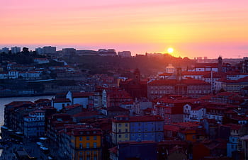 západ slunce, -, porto, starý, město, ribeira, severní, Portugalsko, panoráma města, Evropa, evropský