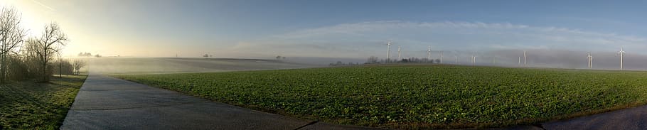 windräder, mlha, slunce, svítání, síla větru, energie, větrná energie, krajina, pole, podzim, životní prostředí