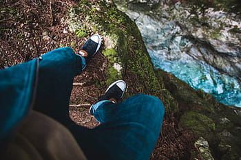 stepping, close, edge, rock, waterfall, background, adventure, boots, coast, mountain, outdoors