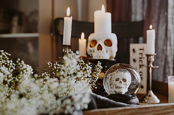 dekorasi halloween, &, lilin, musim gugur, tengkorak, halloween, horor, oktober, menyeramkan, menghias