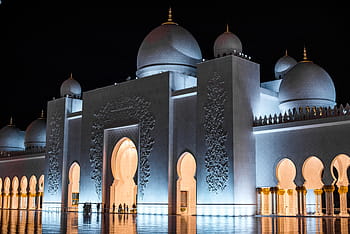 uae, abu dhabi, sheikh zayed, grand, mosque, night, lights, blue, dark, dome, muslims