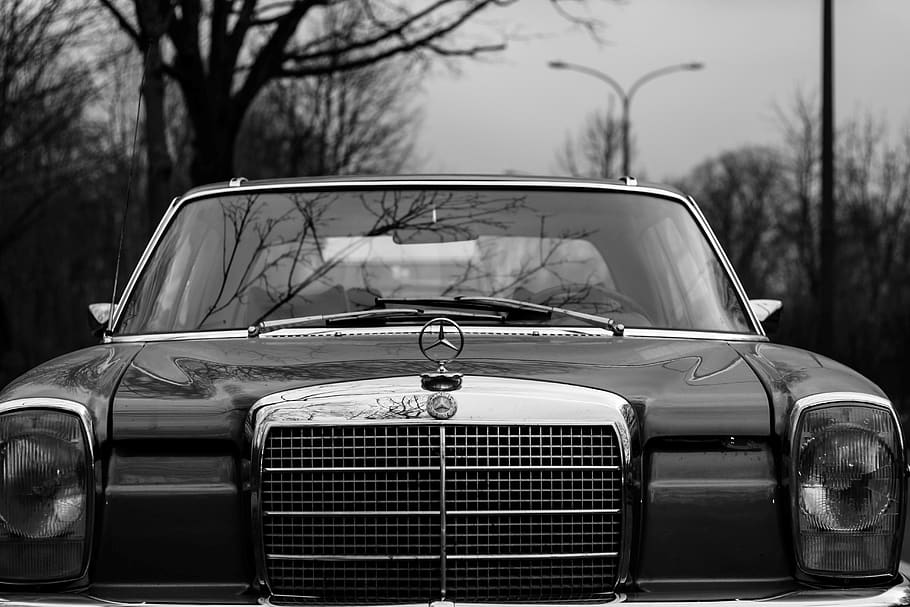 mercedes, mercedes benz, mercedes star, auto, car brand, oldtimer, black white, metal, metallic, shiny, lacquered