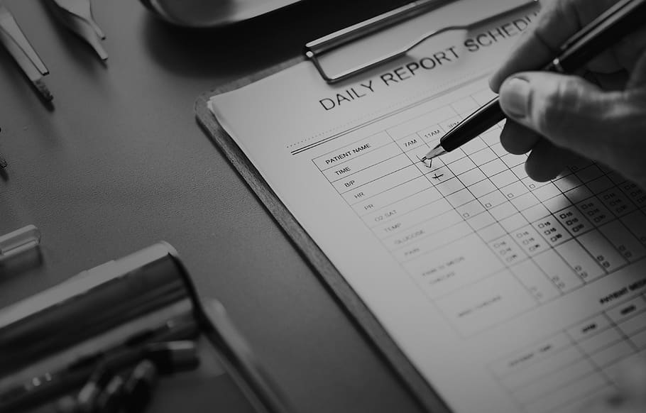 péče, kontroly, kontrolní seznam, klinika, detailní, denní zpráva, data, diagnóza, doktor, formulář, šedá stupnice