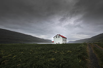 dramatic icelandic house, landscape, house, iceland, sky