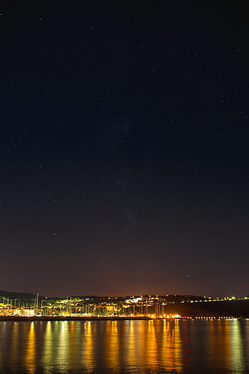 céu estrelado, noite, marina, izola, eslovénia, céu noturno, beira-mar, luzes da noite, tarde, paisagem aquática