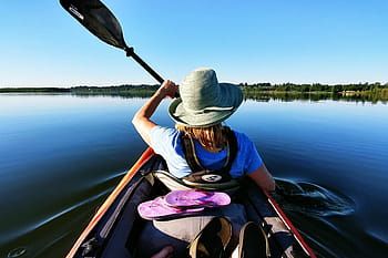žena na kajaku, Příroda, loď, lodí, kánoe, kanoistika, jezero, jezer, řeka, řek