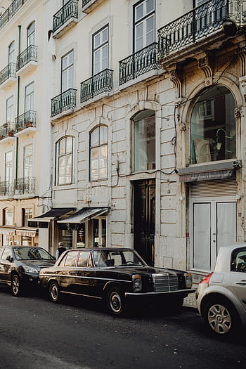 lama, mercedes benz, parkir, jalan, lisbon, portugal, model tahun, mobil, mobil hitam, hitam, Portugis