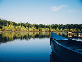 kánoe, jezero, voda, odraz, stromy, les, venku, Příroda, krajina, chalupa, venkovský