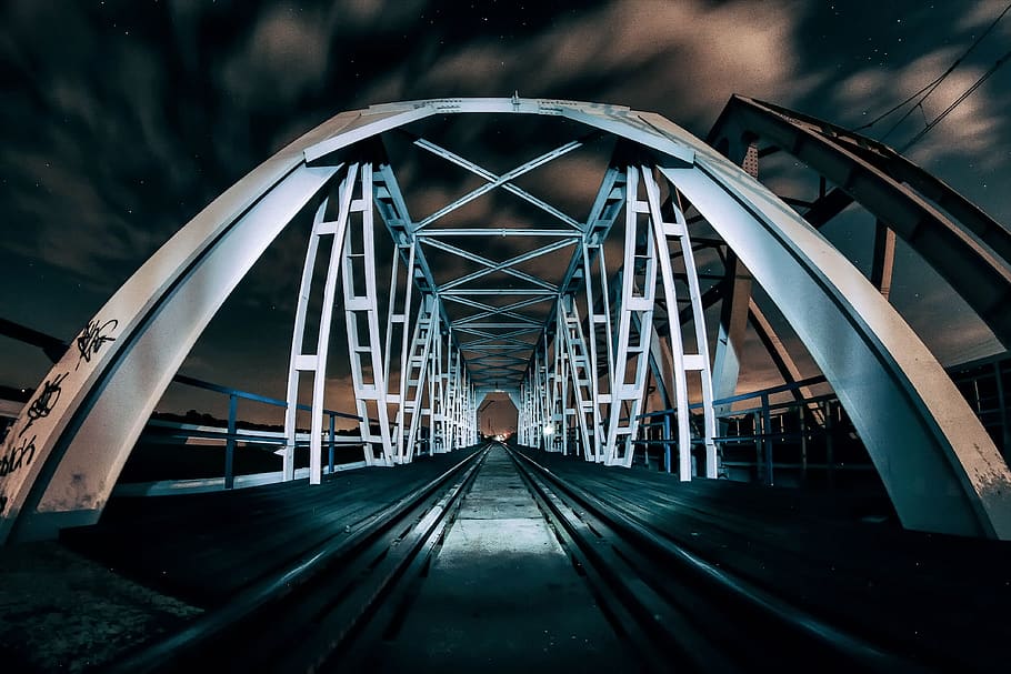 bridge, night, architecture, light, lighting, photo night, tracks, traction, iron, dark, twilight