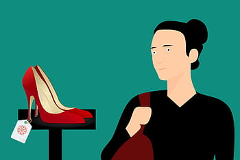 ilustrace, žena nakupování, obuv., móda, obuv, dívka, boty, prodejna, nakupování, obchod, žena