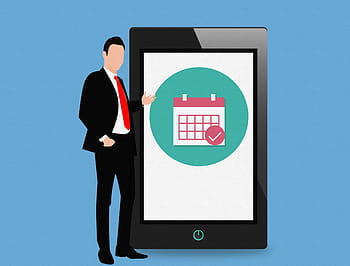 calendar app, mobile, tablet, standing, businessman illustration, illustration., calender, icon, pictogram, web, black