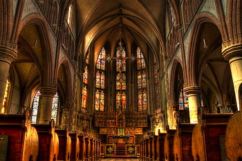 church, religion, stained glass windows, arches, benches, aisle, cross