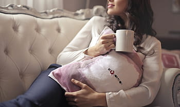 brunette, woman, couch, holding, coffee mug, living, room, 25-30 year old, Furniture, Hand, Happy