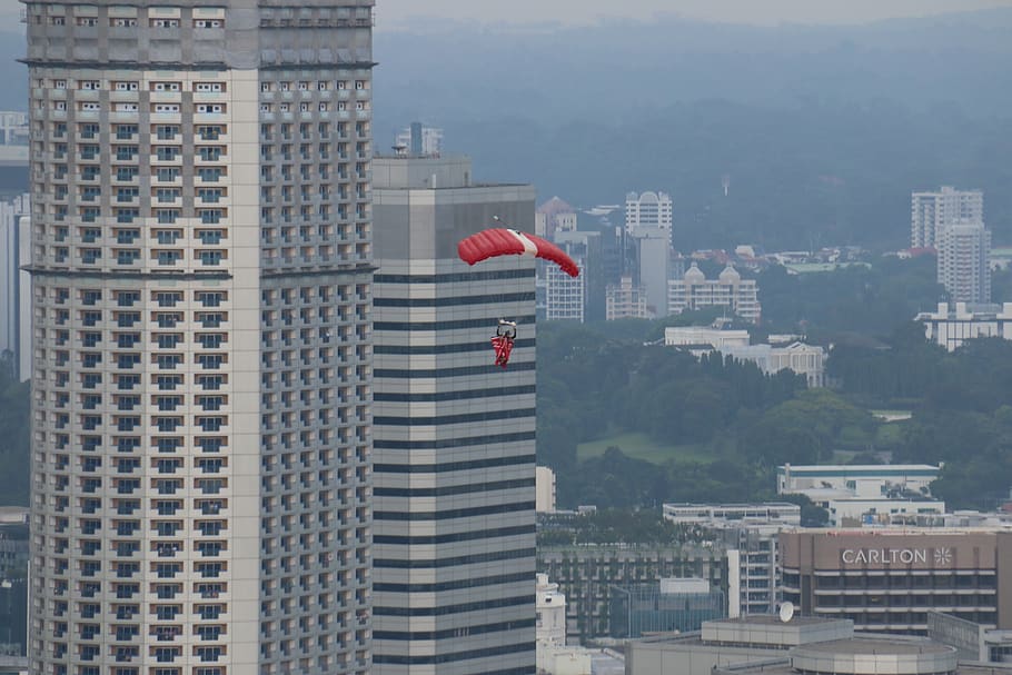 courage, height, skyscrapers, parachute, jump, city, singapore, fun, sport, radical, red