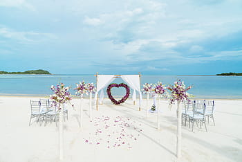 Playa, boda, lugar, preparación, mar, océano, arena, azul, cielo, claro, isla