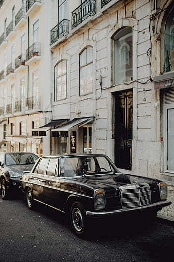 lama, mercedes benz, parkir, jalan, lisbon, portugal, model tahun, mobil, mobil hitam, hitam, Portugis