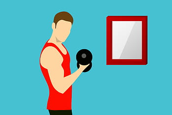 ilustrace, muž, pracovní, závaží., sport, zdatnost, tělocvična, činka, činky, vejít se, cvičení