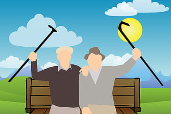 illustration, two, old, guys, park, raising, canes., retirement, age, aged, bench