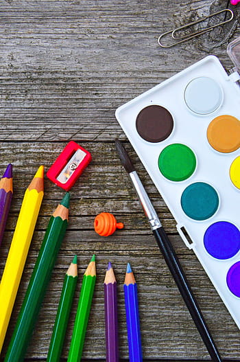 school tools, color, crayon, paint, brush, tool, education, design, creative, draw, pencil