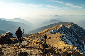 mountain, landscape, nature, cold, snow, winter, clouds, sky, rocks, people, man